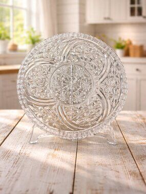 Vintage Pressed Glass Serving Platter Starburst Pattern Clear Cake Plate Elegant
